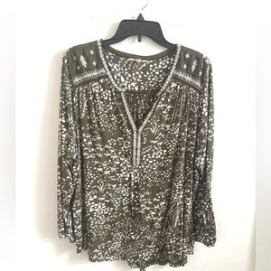 Lucky Brand Boho Floral Peasant Sz 2X Olive Green White Tunic Top Long Sleeve
